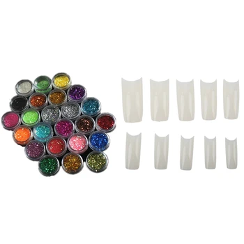 

500 Pcs Acrylic False Artificial Tips Nail Art & 1 Set 24 Colors Bright Acrylic Glitter Sequins UV Nail Art Decoration