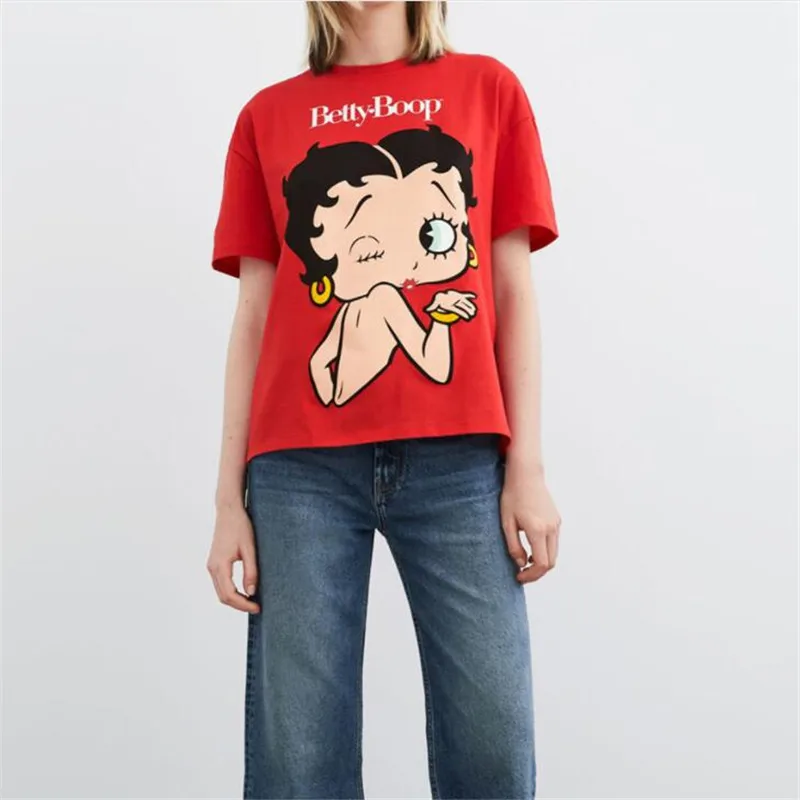 Хлопковая женская футболка Betty Boop с принтом для девочек, красные милые футболки, женская футболка, одежда, футболка, женские топы, уличная одежда