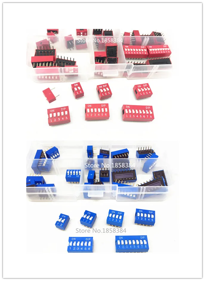 6 значений, 30 шт./лот, Dip-переключатель, комплект в коробке, 2, 3, 4, 5, 6, 8, 2,54 мм, тумблер, красный, синий, кнопочные переключатели, смешанный комплект