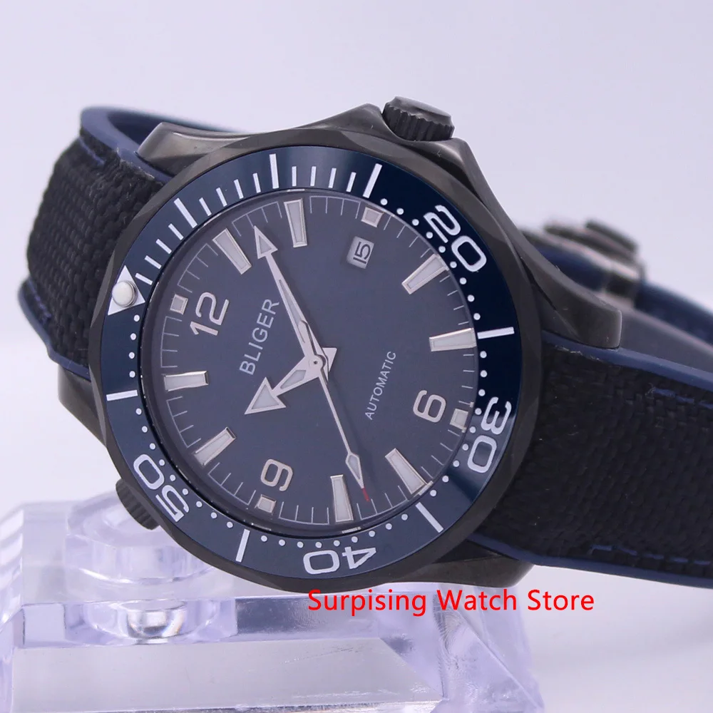 

Bliger 40mm Automatic Mechanical Watch Men Luxury Brand Sapphire Luminous Waterproof Rubber Strap Calendar Wristwatch Men