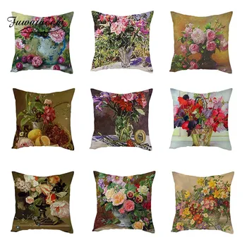 

Fuwatacchi New Vintage Flower Paintings Cushion Cover Pure Linen Hidden Zipper Throw Pillow Cover Roses Pillowcase Free shipping