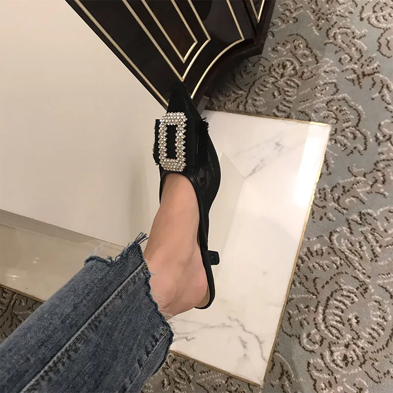MONMOIRA Kitten Heel Luxury Rhinestone Women Mules Sexy Pointed Toe Heels Shoes Women Elegant Lace Wedding Shoes for Women E0757