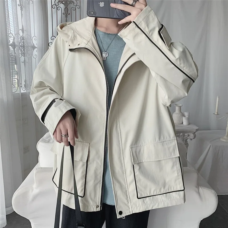 Liketkit, мужской осенний Повседневный Тренч, куртки, мужские однотонные лоскутные куртки с карманами в стиле хип-хоп, мужские плотные куртки-Карго