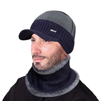 

Winter Knitted Hat Scarf Set for Men Warm Thicken Fleece Beanie Hat Scarf Set Solid Windproof Outdoor Ski Cap Ring Scarf ##5