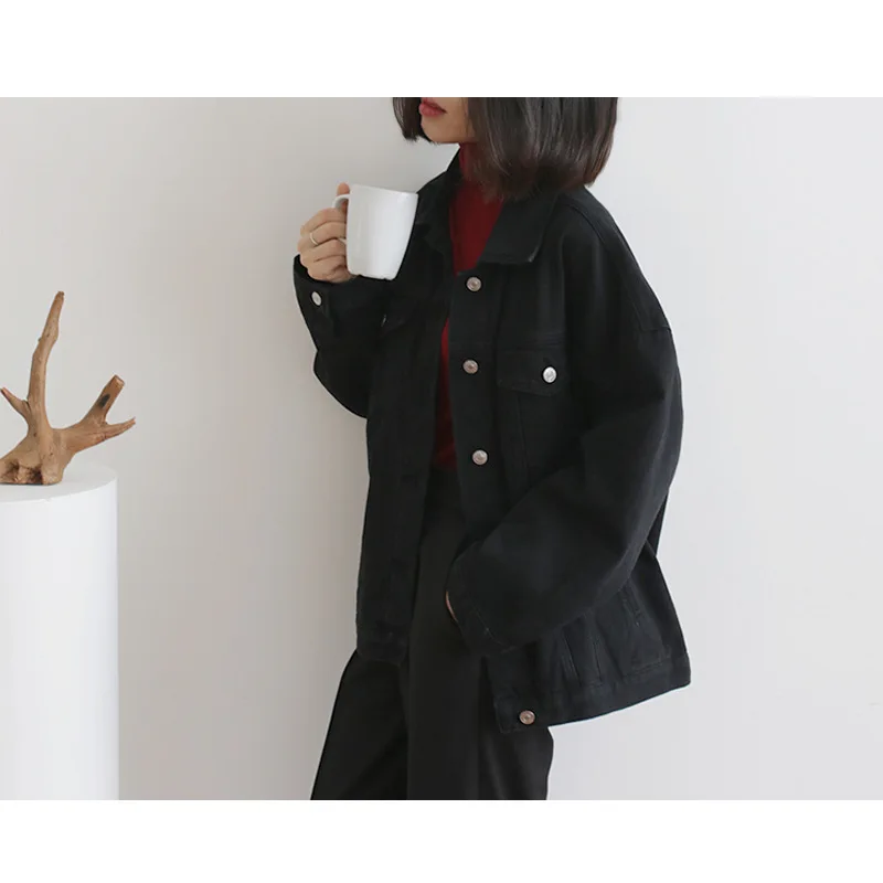 

2019 Spring And Summer New Style Jacket Black Turn-down Collar Washing a Buckle Simple Unisex Cowboy Short Coat