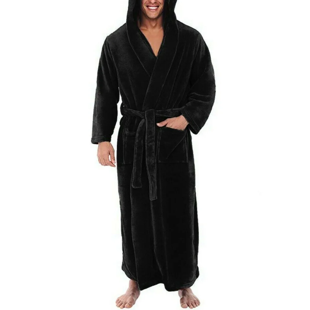 Autumn Winter Men Underwear Soft Corals Fleece Solid Color Pockets Long Bath Robe Home Gown Sleepwear mens pjs