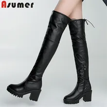 ASUMER/ горячая распродажа; ботфорты до бедра; женские сапоги на платформе с круглым носком на высоком каблуке; Узкие вечерние женские туфли для выпускного