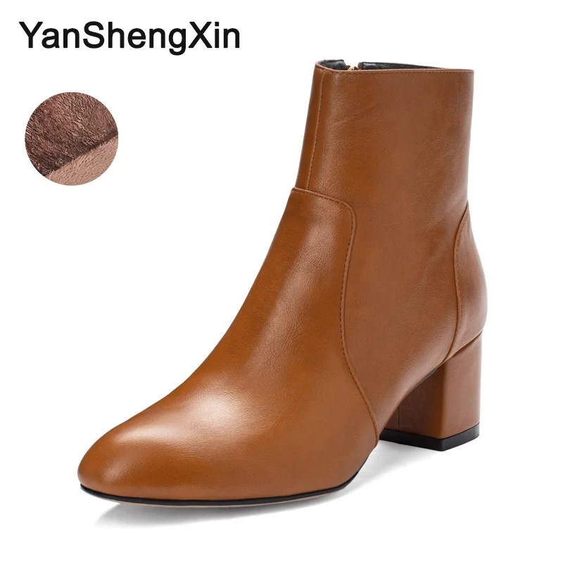 YANSHENGXIN/обувь; женские ботинки; ботильоны в стиле знаменитостей; женская обувь на молнии; сезон осень-зима; женские ботинки - Цвет: Brown Fur