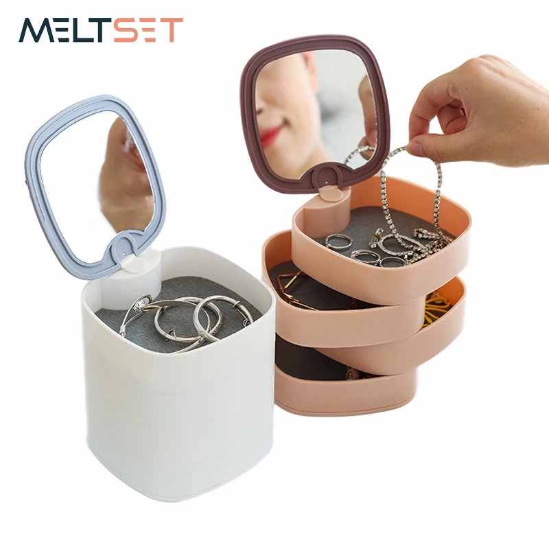 

4 layers Portable Jewelry Box Earrings Necklace Ring Bracelet Storage Boxes with Mirror Rotating Jewelry Organizer for Women