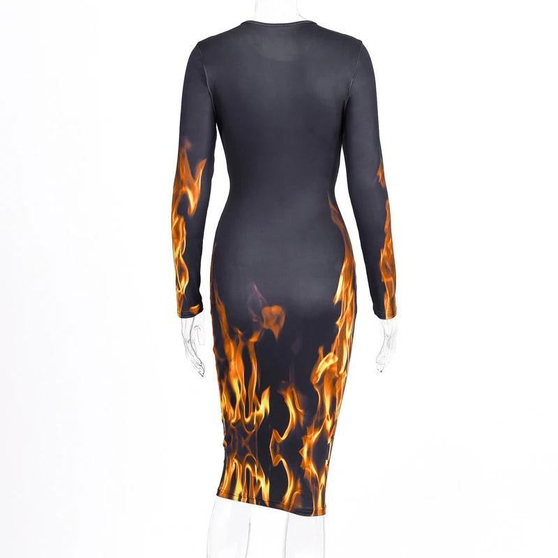 Chicology fire print sexy midi dress women long sleeve bodycon streetwear autumn winter party club lady casual clothes