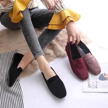 

Shoes Woman Winter Flats Loafers Shallow Flock Square Toe Shoes Fleece Slip on Slides Black Red Pink Plus Size Zapatos Mujer