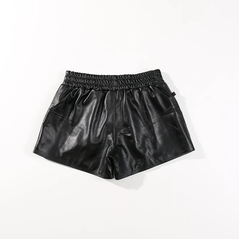 Vrouwen Echt Lederen Broek Zwarte Elastische Taille Koreaanse Stijl Vrouwelijke Klassieke Korte Broek Real Schapenvacht Dames Mini Sexy Shorts