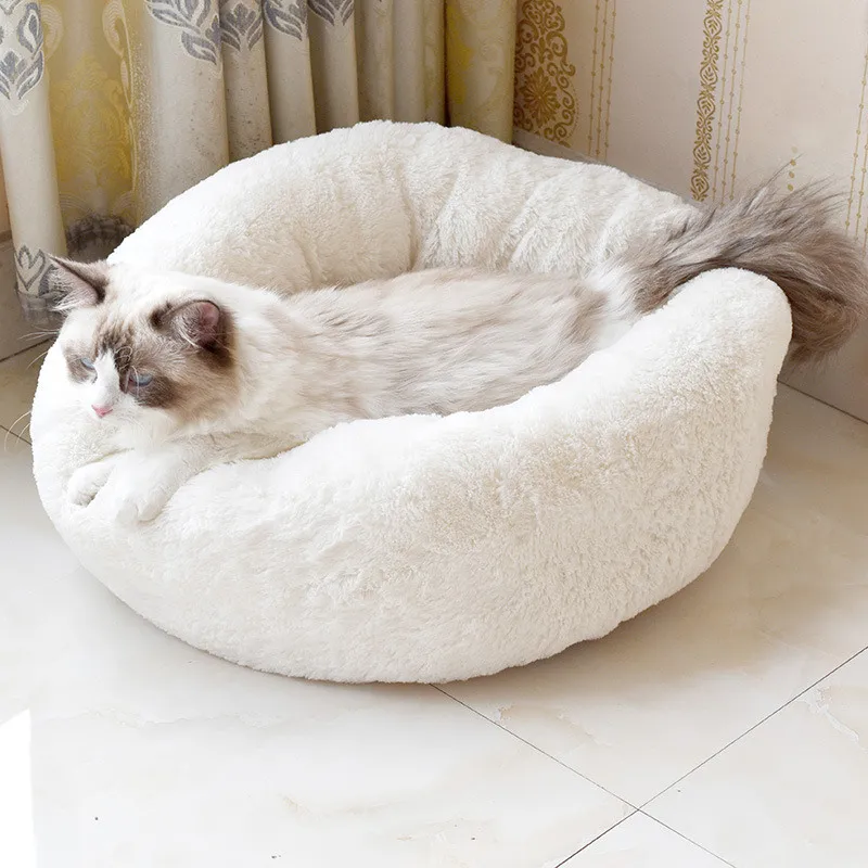 White Зима, теплая кровать для собаки, кошки, мягкая флисовая кровать для домашних собак, круглые плюшевые кровати для кошек, гнездо для маленьких собак, кошек, спальная кровать, коврик для щенка - Цвет: White