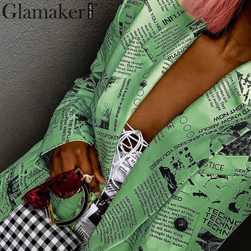 Glamaker зеленый газета Письмо печати с длинным рукавом пальто повседневное для женщин осень зима блейзер короткая модная Клубная одежда Элегантная куртка