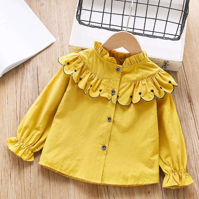 4 цвета, желтая детская блузка Одежда для маленьких девочек Милая Белая Блузка Детские рубашки осенние Топы с длинными рукавами, рубашки Одежда для девочек - Цвет: Цвет: желтый
