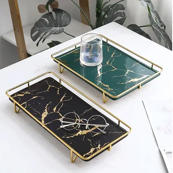 

Luxury Art Ceramic Marble Pattern Bathroom Vanity Cosmetic Storage Rack Household Rectangular Jewelry Food Teacup Storage Tray