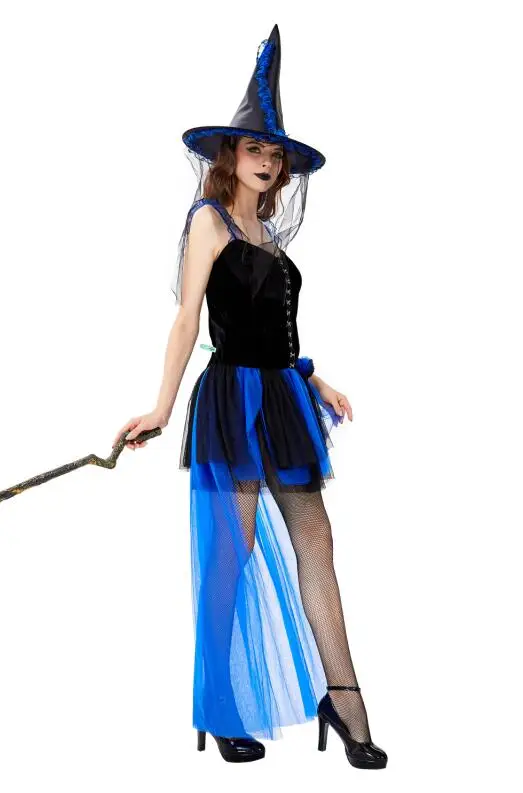Sexy Gothic Black Witch Mini High-low Dress Adult Halloween Cosplay Costume with Hat
