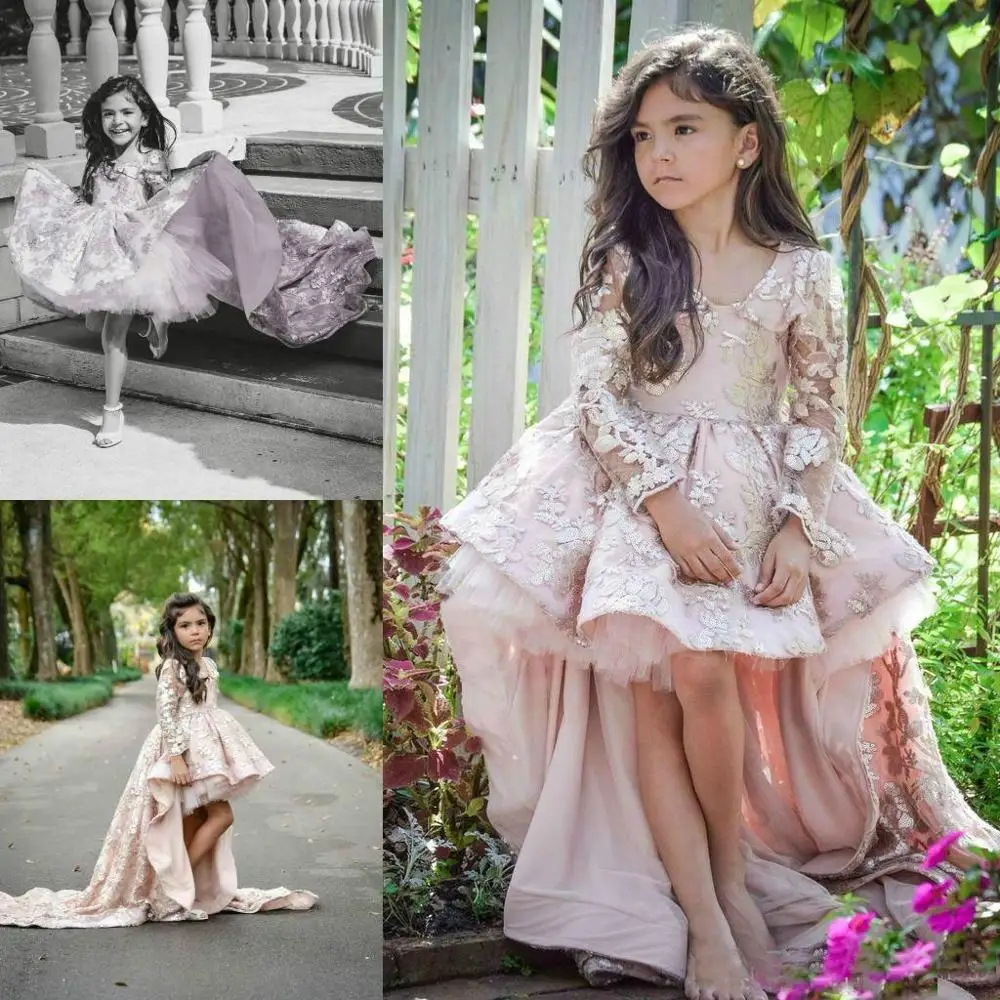 

2019 Blush Pink Long Sleeve High Low Flower Girls Dresses Lace Tulle Little Girls Pageant Dress Formal Party Ball Gowns