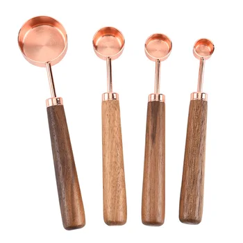 

4 pcs/ Set Rose Gold Measuring Spoon with Scale with Thickened Wooden Handle Stainless Steel Copper Plated Baking Tool