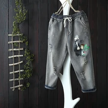 Новое поступление летние женские эластичные джинсы до талии капри брюки универсальные повседневные хлопковые джинсовые винтажные свободные рваные джинсы S494