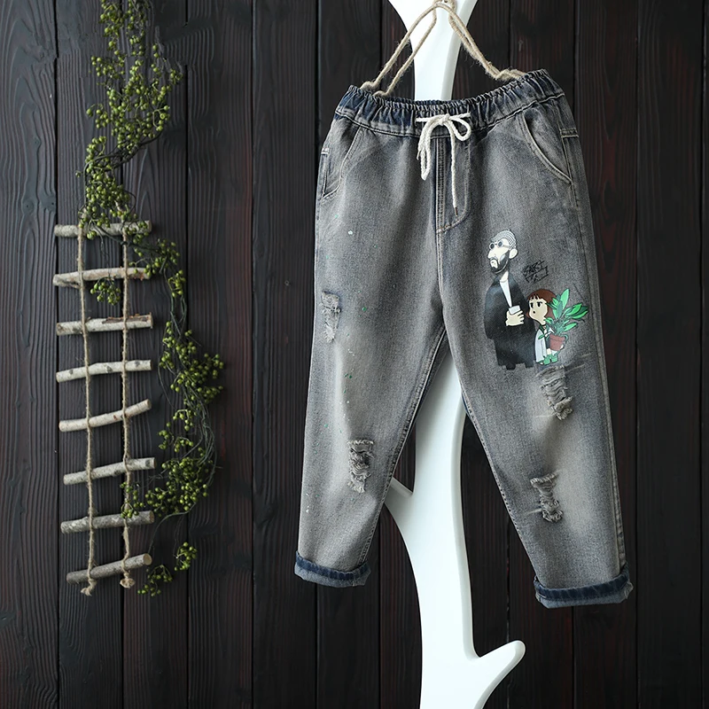 New Arrival Summer Women Elastic Waist Jean Capri Pants All-matched Casual Cotton Denim Vintage Loose Ripped Jeans S494 New Arrival Summer Women Elastic Waist Jean Capri Pants All-matched Casual Cotton Denim Vintage Loose Ripped Jeans S494