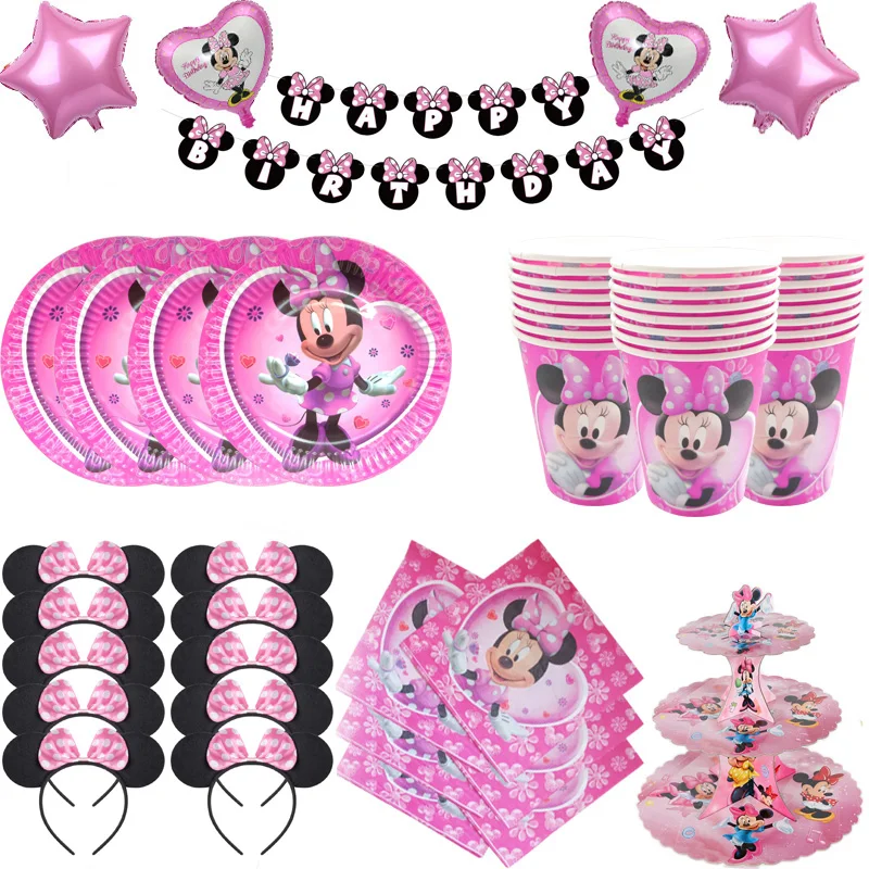 

Disney Minnie Mouse birthday party decorations baby girl birthday Disposable tableware or balloon set Scenes Collection decor