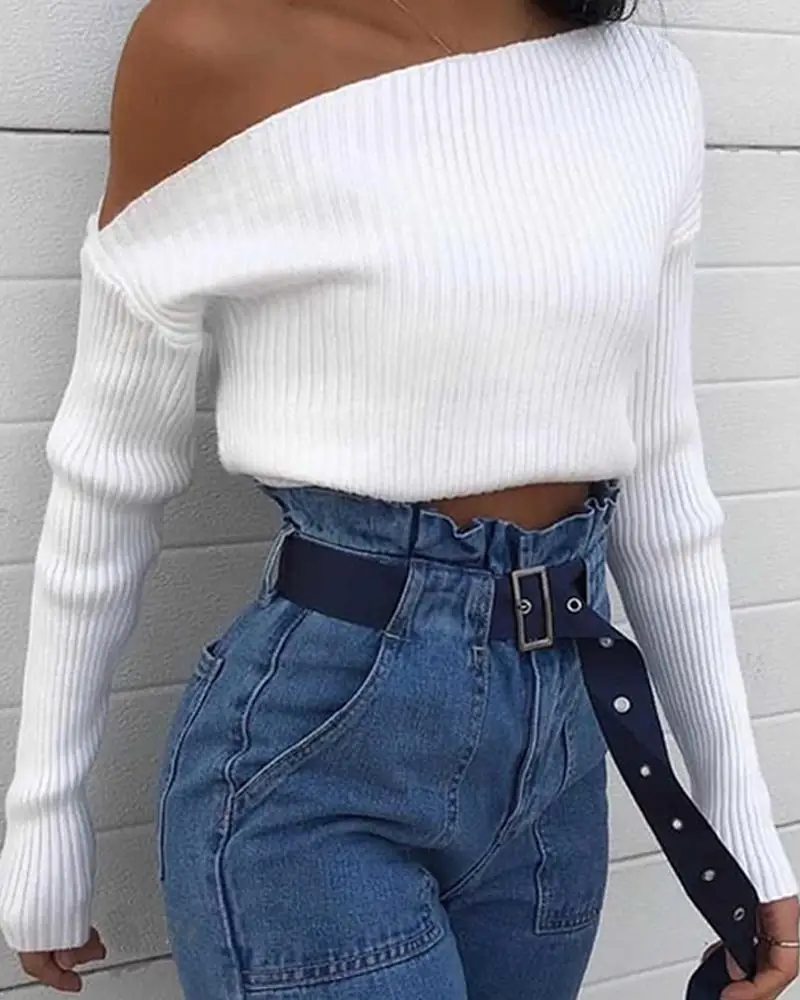 White one shoulder top long sleeve Clearance