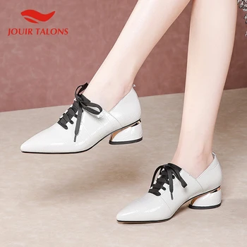 

JOUIR New Design 2020 Patent Leather Hoof Heels Pumps Woman Shoes Pointed Toe Lace-Up Spring Shoes Women Pumps Female