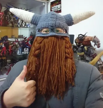 

Pure Handmade Woolen European and American Horns Viking Bearded Autumn and Winter Warm Funny Personality Hat Gift