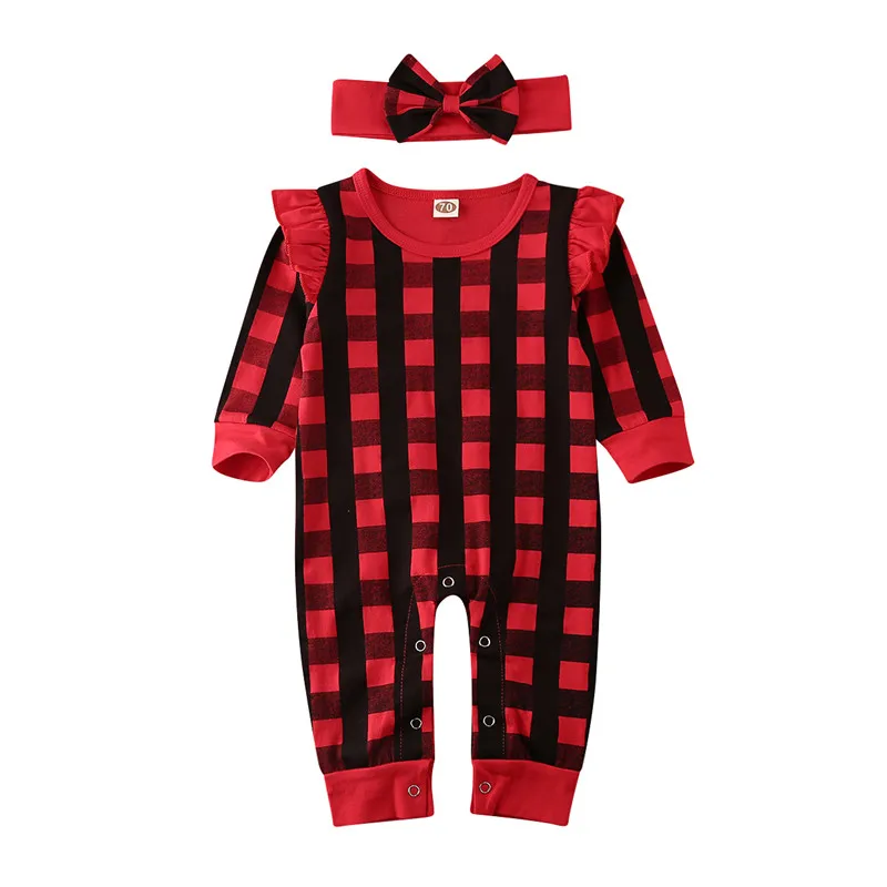 Plaids Комплект из 2 предметов; Рождественская Одежда для маленьких девочек; комбинезон в клетку с принтом; повязка на голову; наряды с оборками и длинными рукавами; Весенний хлопковый комбинезон - Цвет: Plaids