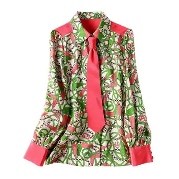 

European and American women's dresses for spring 2021 Long sleeve chain tassel printed tie lapel Fashion silk shirt