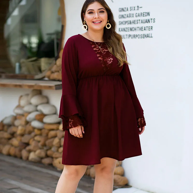 

Plus Size O Neck Lace Dress Flare Sleeve Patchwork Vestidos Dresses Tunic A-Line Robe Elegant Mini Dress Sexy Woman Clothing