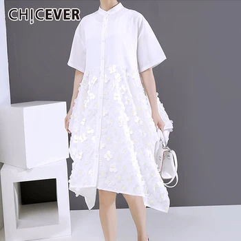 

CHICEVER Patchwork Appliques Dress For Women Stand Collar Short Sleeve Oversized Loose Female Midi Dresses Summer Clothes 2020