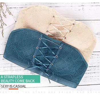 

Women Sexy Strapless Bra Solid Lace Padded Wireless Front String Tube Top Bra Brassiere Push Up Lingerie For Wedding Underwear