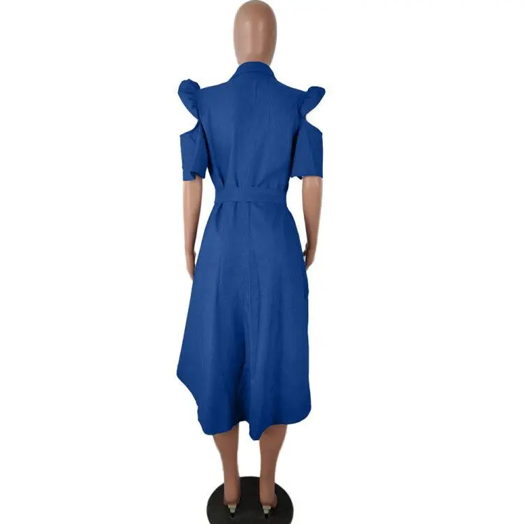 Джинсовое платье с v-образным вырезом, с оборками, с коротким рукавом, модное асимметричное платье миди, Клубные вечерние платья, Vestidos, большие размеры, тонкие/легкие