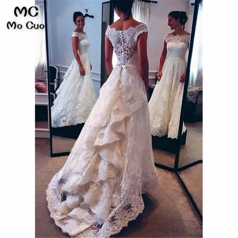 

Elegant 2019 New Off Shoulder Wedding Dresses with Appliques Lace Button Plus Size Bridal Gowns for Women Wedding Dress