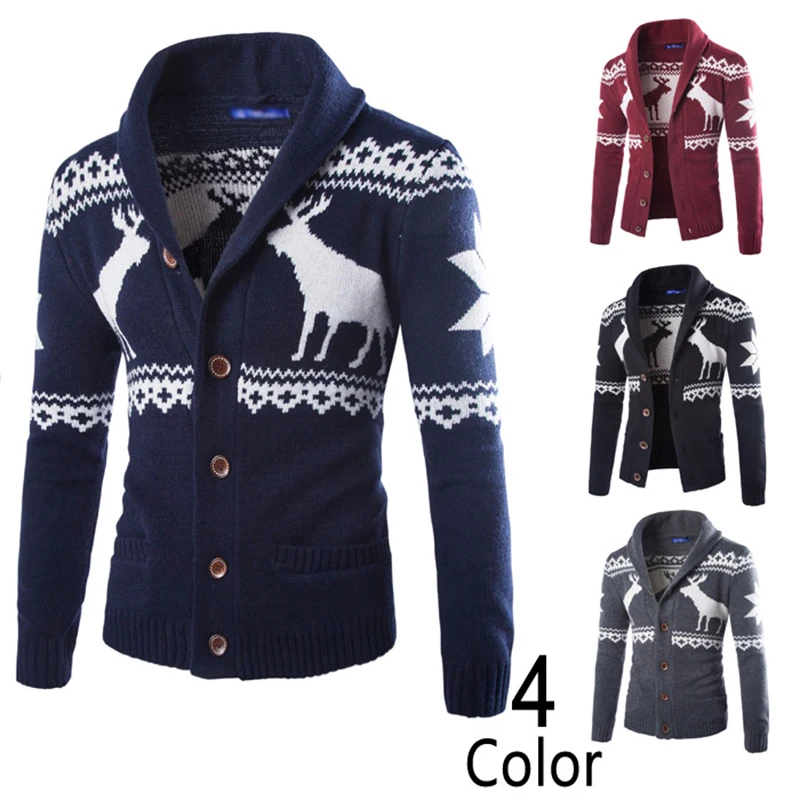 Весенне-осенний теплый Рождественский свитер для мужчин, модная куртка с принтом оленя, повседневное пальто с v-образным вырезом, вязаный мужской кардиган, свитера