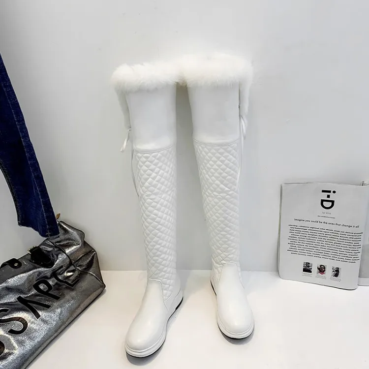 White CDAXILAN новые зимние сапоги женские зимние теплые сапоги выше колена из мягкой pu искусственной кожи с кроличьим мехом на шнуровке на среднем каблуке с плюшевой подкладкой - Цвет: White