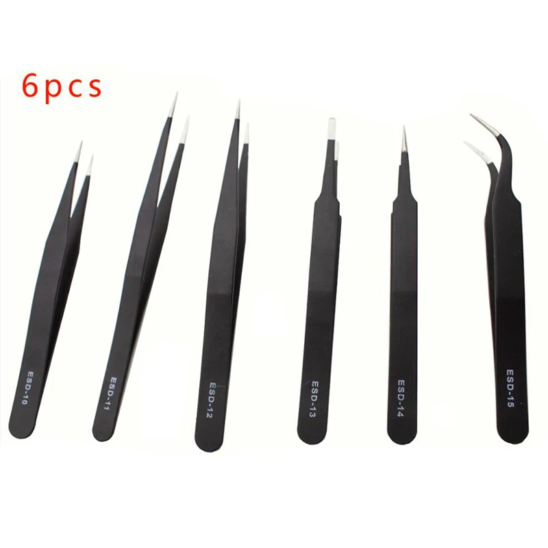 

6Pcs Electronics Tweezers Forceps Anti-static ESD Tweezers Set Straight Curved Electronic Craft Repairing Maintenance Tools