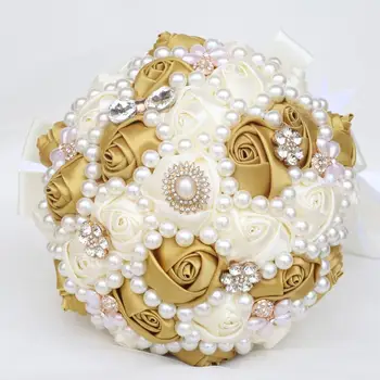 

Big Gold Bridal Crystal Wedding Bouquet Handmade Ribbon Artificial Rose Pearls Bridesmaids Bridal Bouquets Buque Noiva W2266