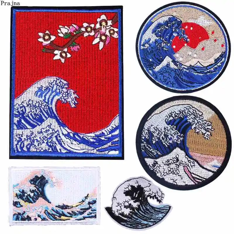 

Prajna The Great Wave Off Kanagawa Patches Embroidered Patches For Clothing Applique DIY Iron Patches On Clothes Jacket Badges F