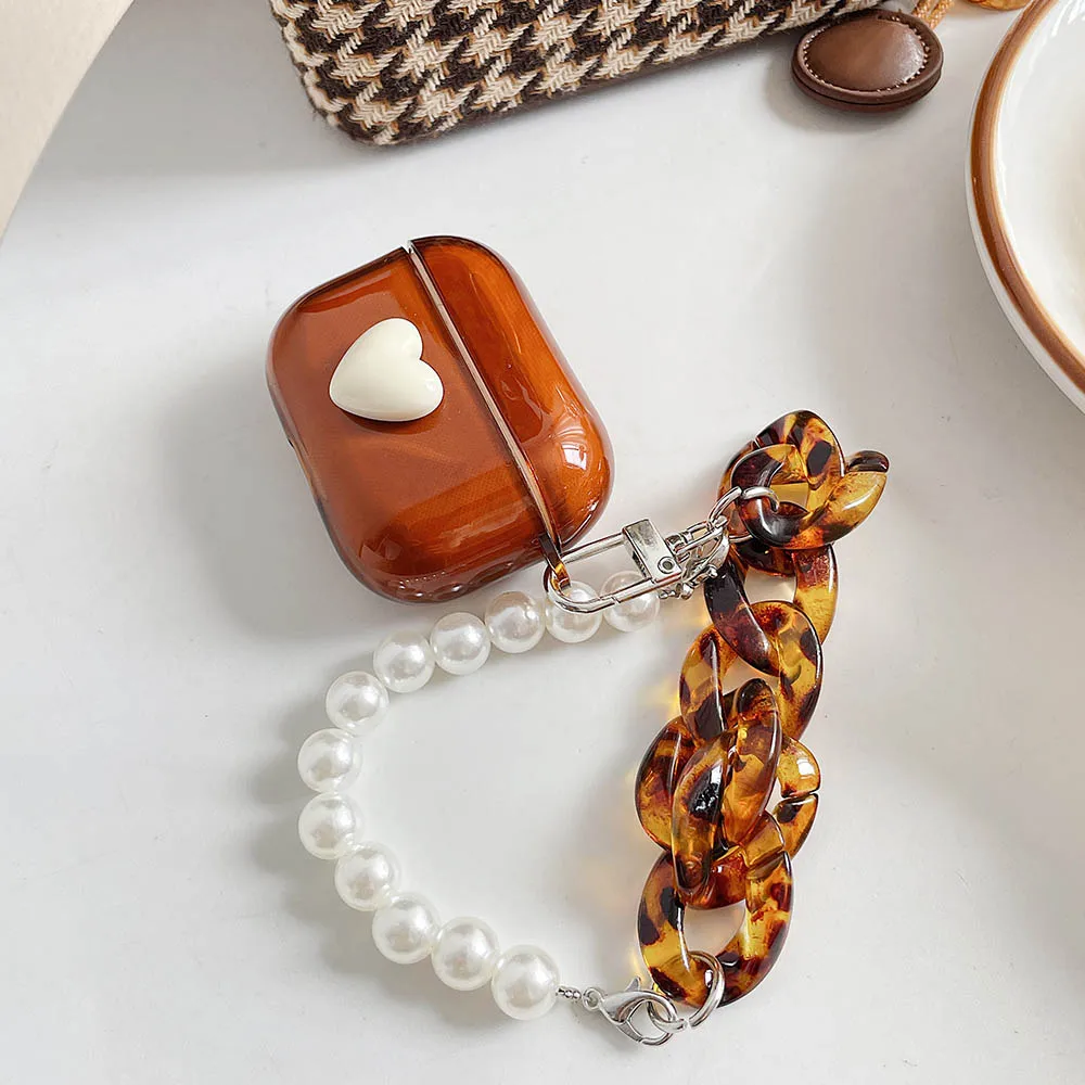 AirPods Pro 3 Retro Amber Color Chain Soft Heart Earphone Case With Pearl Keychain