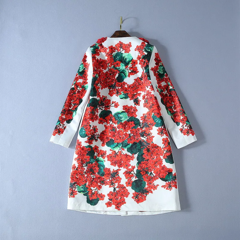 Europe&America women flower diamonds overcoat spring autumn runways floral print O-neck Trench coat B113