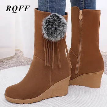 

Winter New Mid Calf Snow Boots Women Plus Size 43 Fashion Wedges High Heels Shoes Woman Round Toe Faux Fur Ball Fringe Handmade