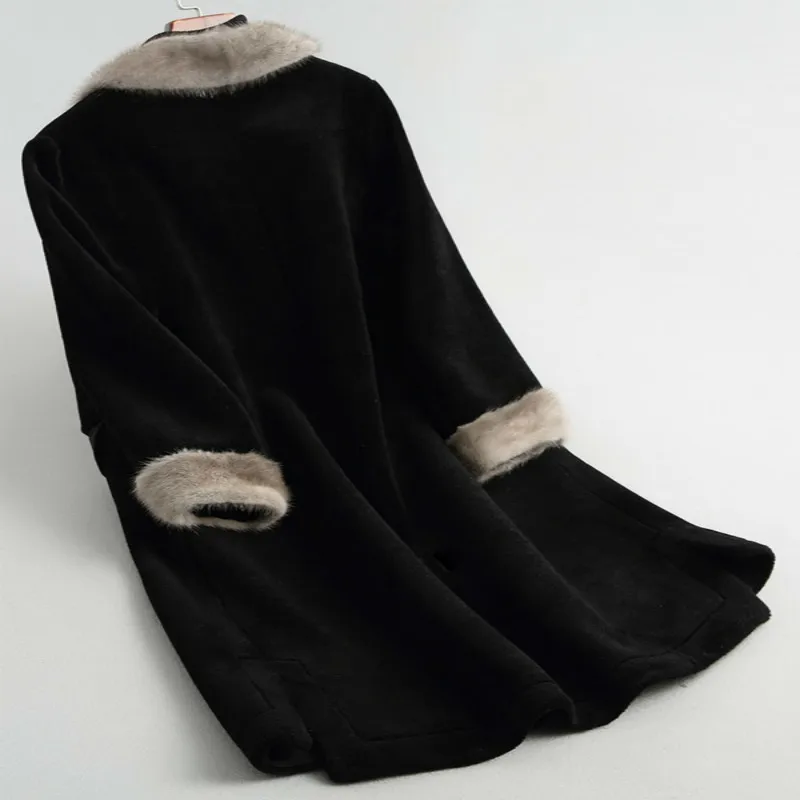 Lange Fashion 100% Wol Echt Bont Jas Vrouwen Met Mink Bontkraag Winter Warm Black Jassen Vrouwelijke Bovenkleding 68288 LW397 Lange Fashion 100% Wol Echt Bont Jas Vrouwen Met Mink Bontkraag Winter Warm Black Jassen Vrouwelijke Bovenkleding 68288 LW397