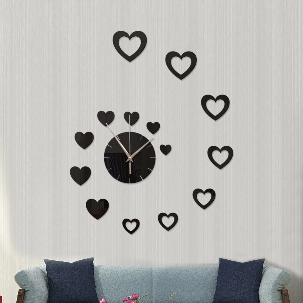 Best Creative love wall clock Heart shaped mirror clock Living room decoration mirror gold sliver self adhesive wallsticker