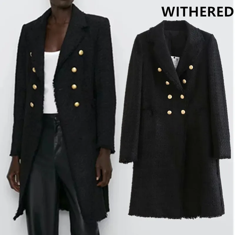 Beste Verdorde winter wollen overjas engeland office lady goud double breasted lange blazers notched zwarte lange jas wollen overjas