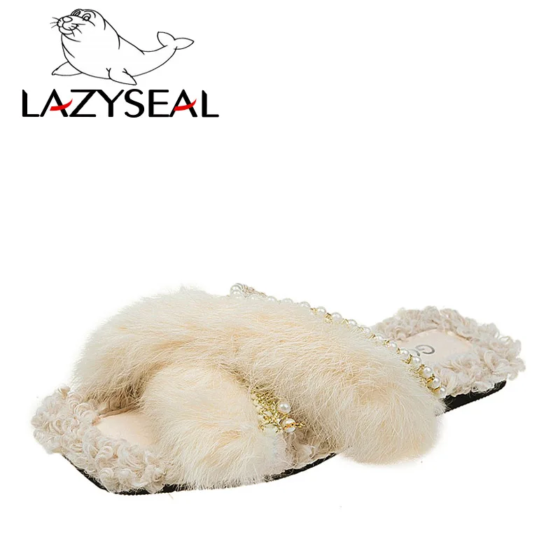 LazySeal с прямым валиковым швом; пушистые тапочки Для женщин настоящая Pabbit меховые вьетнамки женские Ползунки с жемчугом; шлепанцы без задника с открытыми пальцами на плоской подошве-тапочки на подошве, женские сапоги на меху