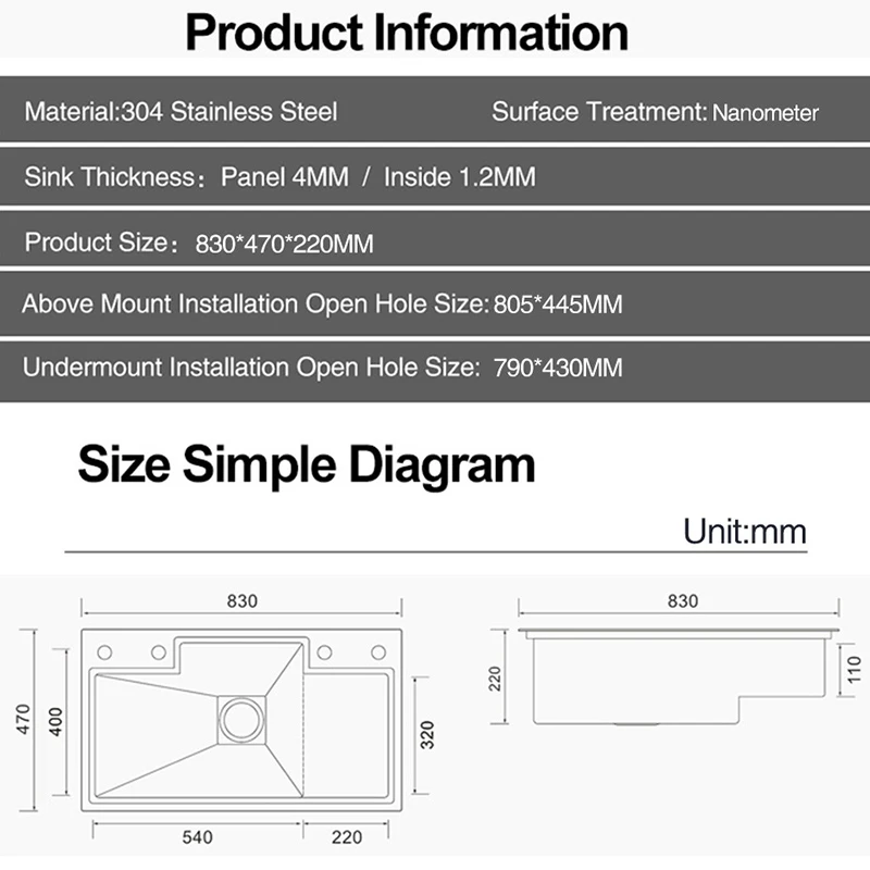 ASRAS Large Size Nanometer Black Kitchen Step Sink SUS 304 Stainless Steel 4mm Thickness Handmade Step Single Kitchen Sinks