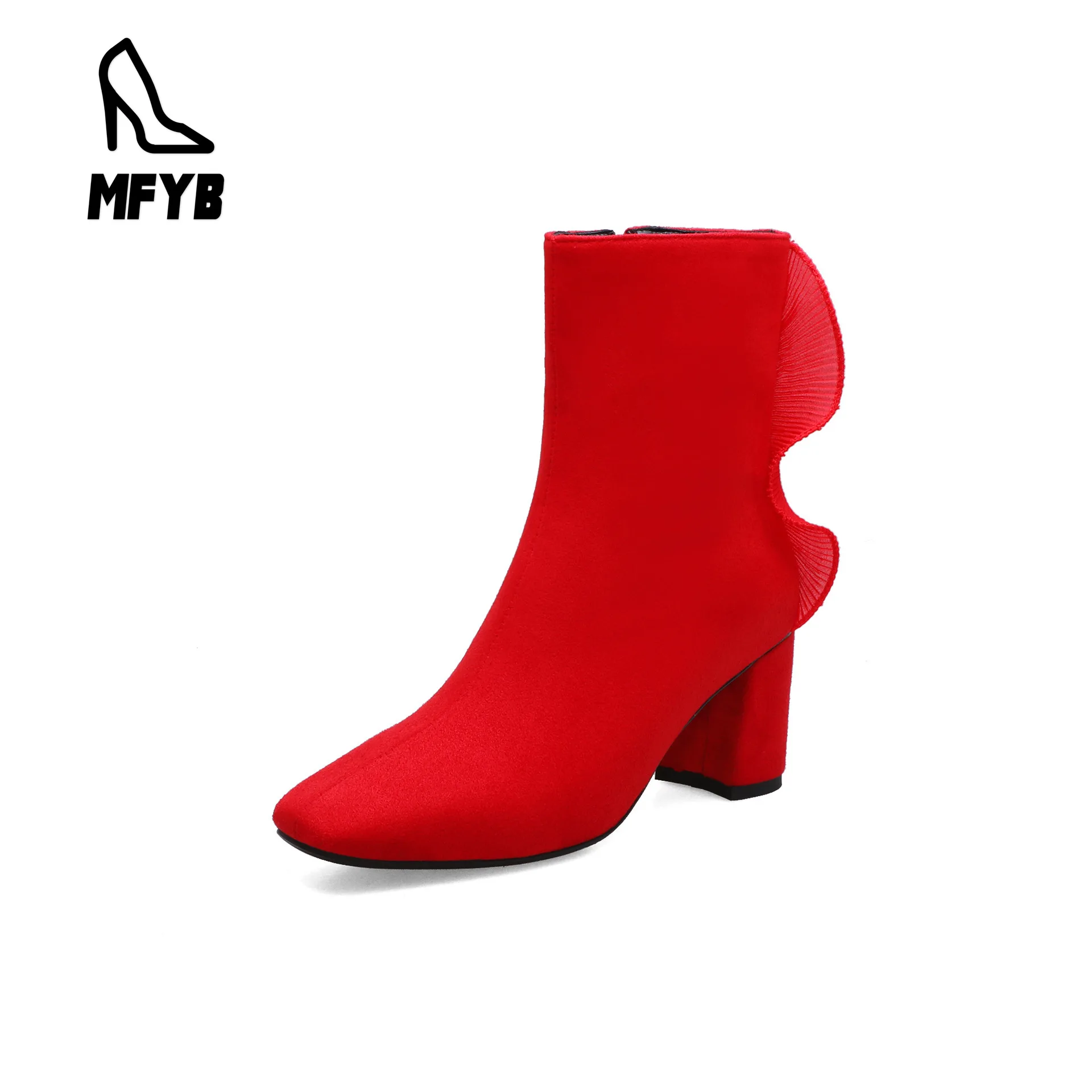 

MFYB Women's boots 2019 winter new fashion high-heeled women's shoes square head suede pearl low boots 34-42